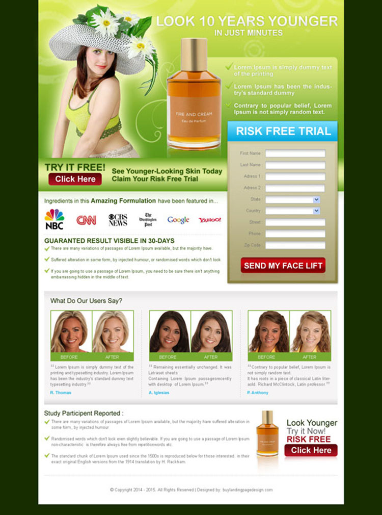 beauty product risk free trial landing page for sale