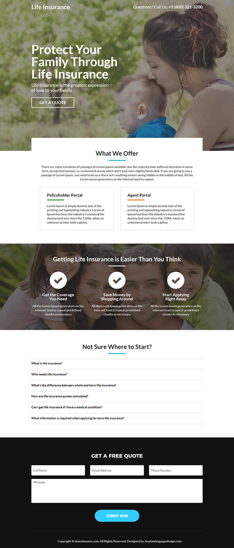 minimal life insurance responsive landing page design