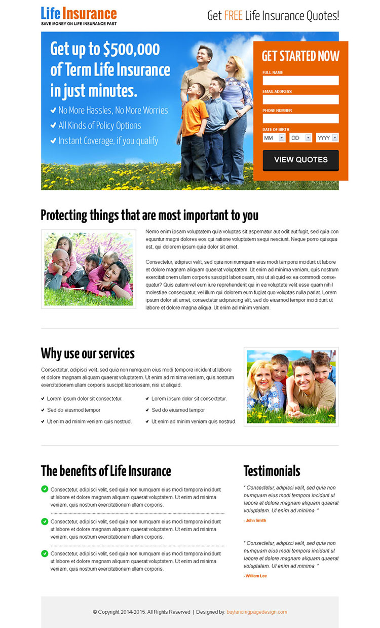 life insurance free quote lead capture landing page design template