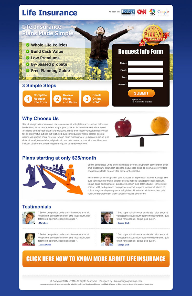 life insurance business lead capture landing page design