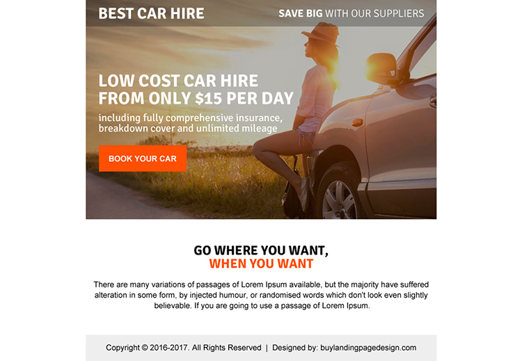 low cost car hire ppv landing page design