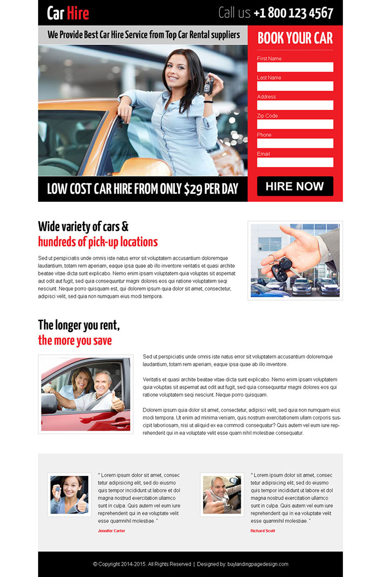 attractive low cost lead capture landing page design for car hire