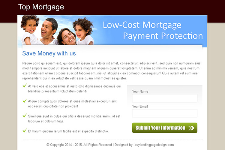 low cost mortgage payment protection call to action clean ppv landing page design