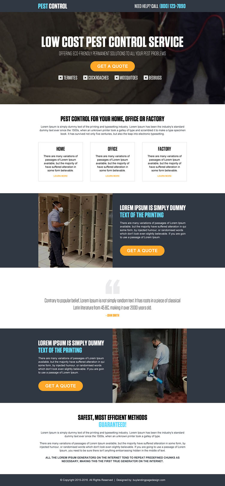 low cost pest control service call to action landing page design template