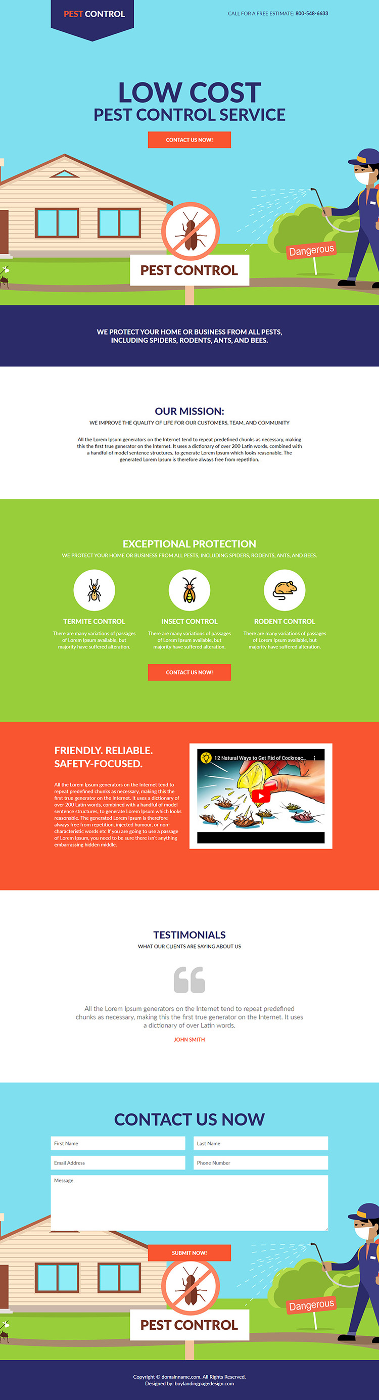 low cost pest control service responsive landing page design