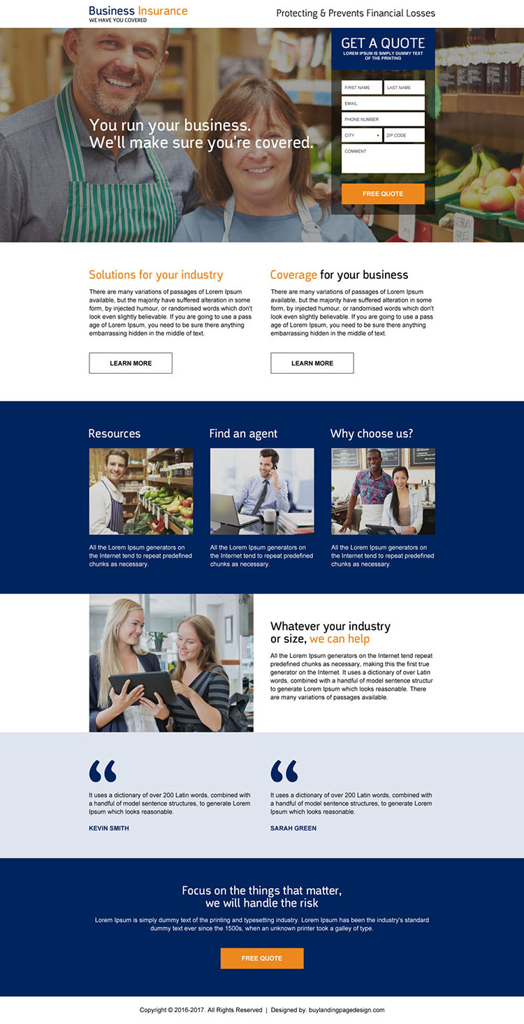 low cost business insurance quote generating landing page