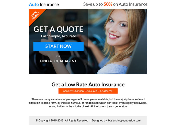 low rate auto insurance free quote call to action PPV landing page design