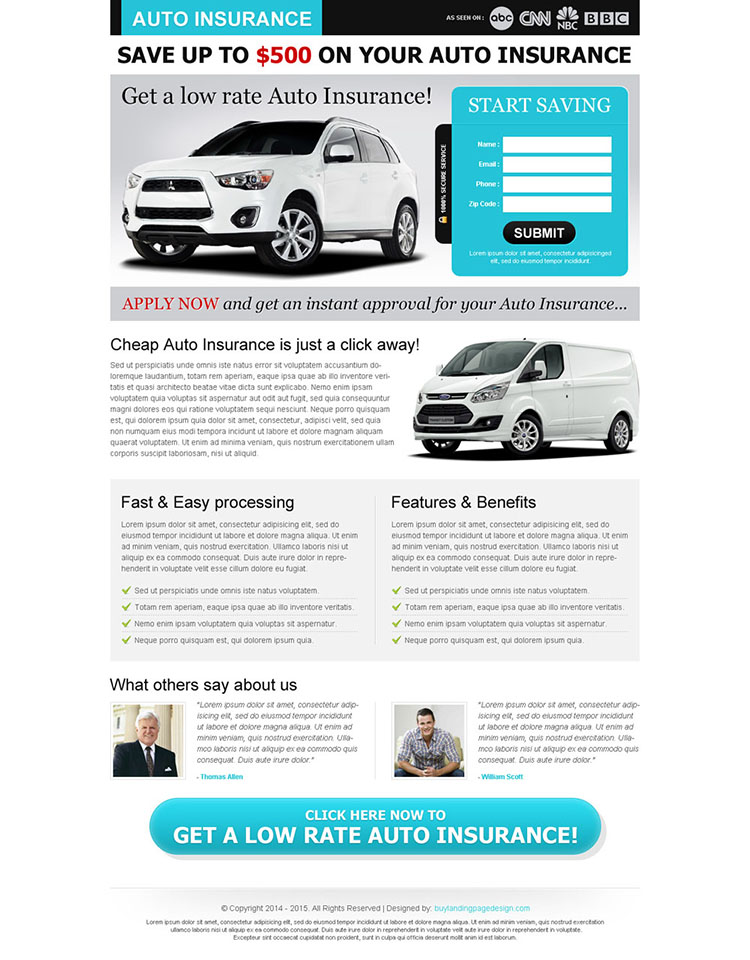 low rate auto insurance clean and minimal squeeze page design
