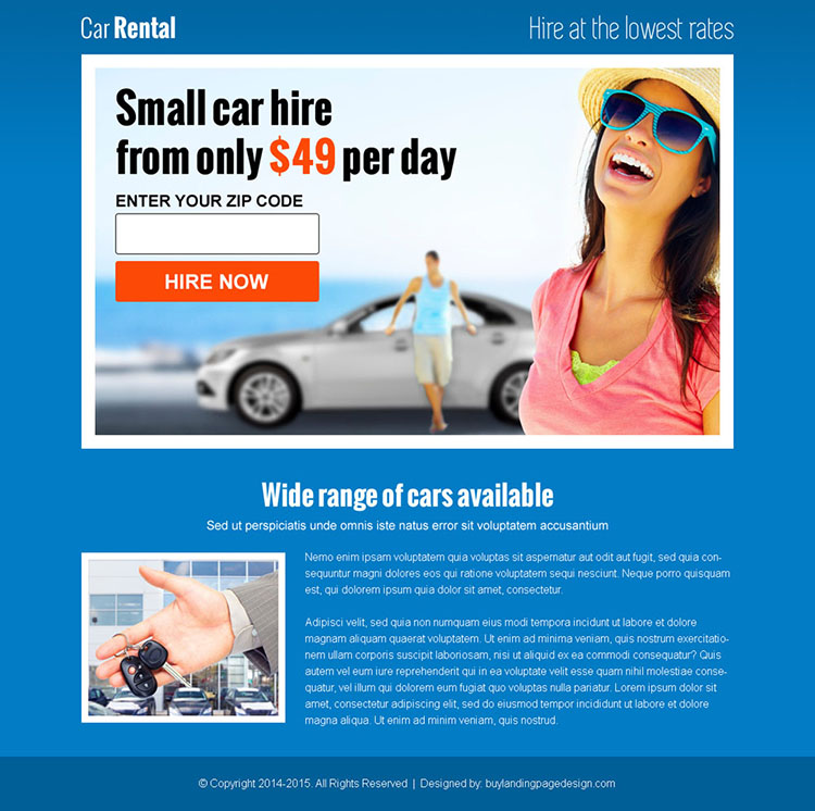 car rental zip capture responsive landing page design