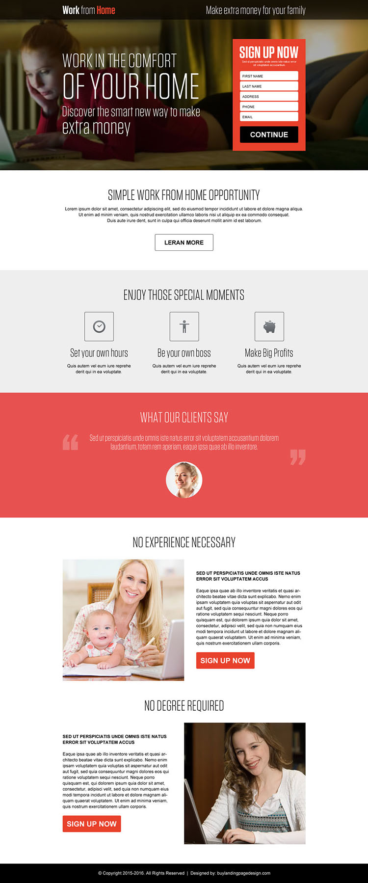 make money from the comfort of your home landing page design
