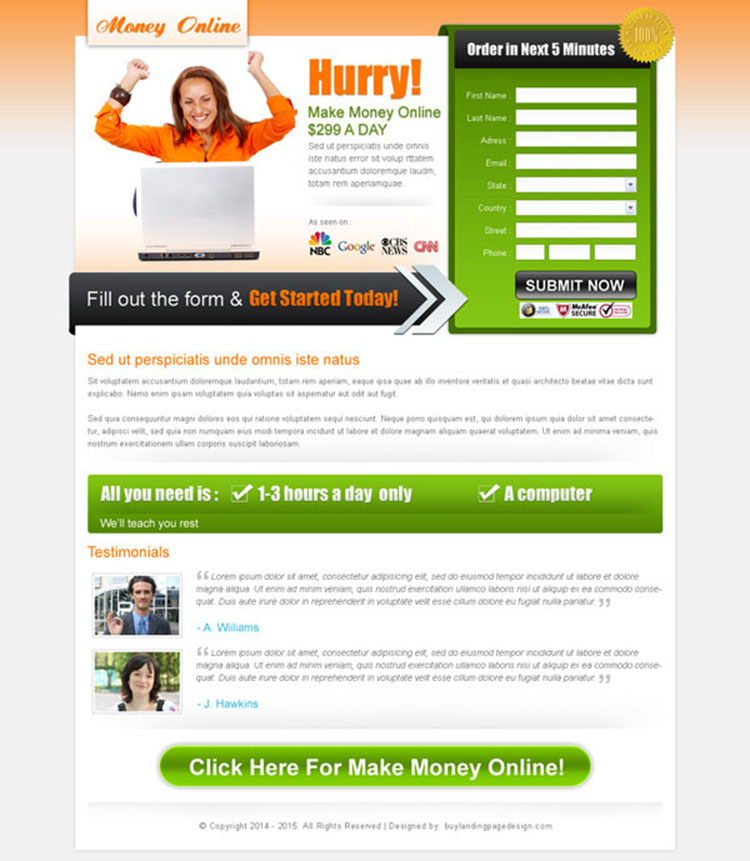 make money online call to action appealing landing page design for sale