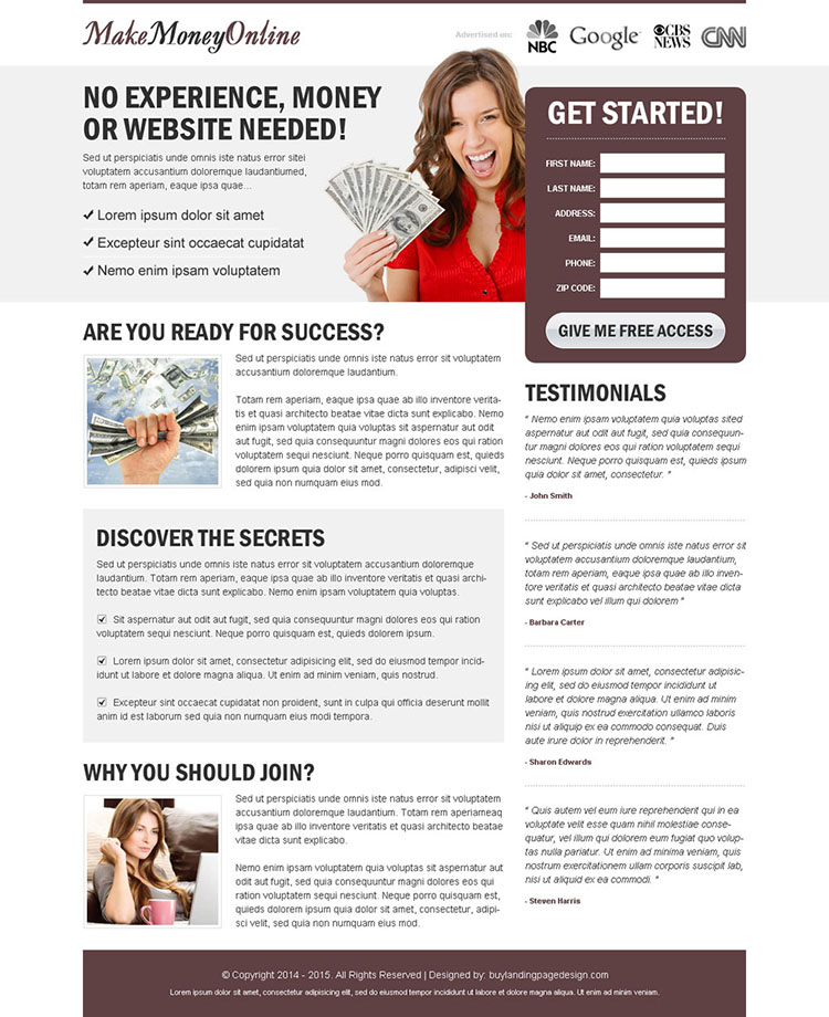 make money online free access lead generating landing page design