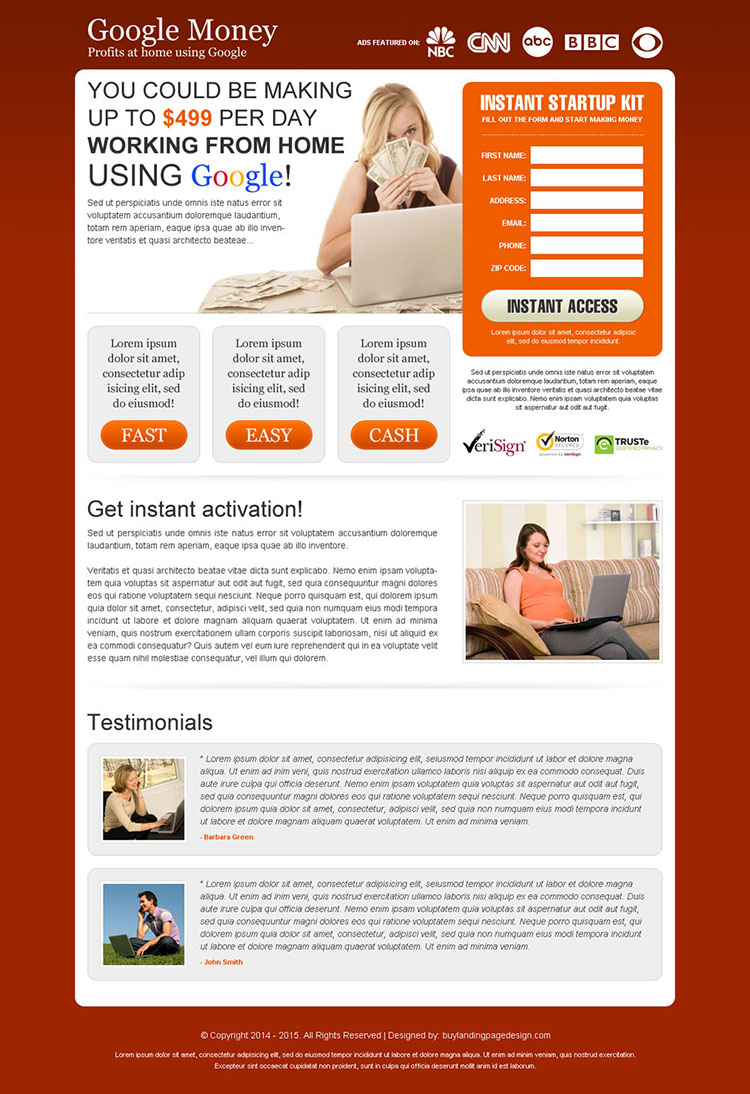 work form home using google start up kit lead gen landing page design