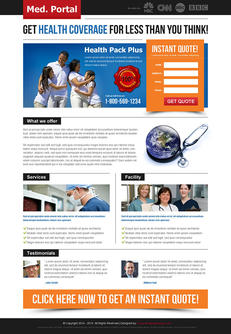 get health coverage instant quote creative and attractive landing page design to capture leads