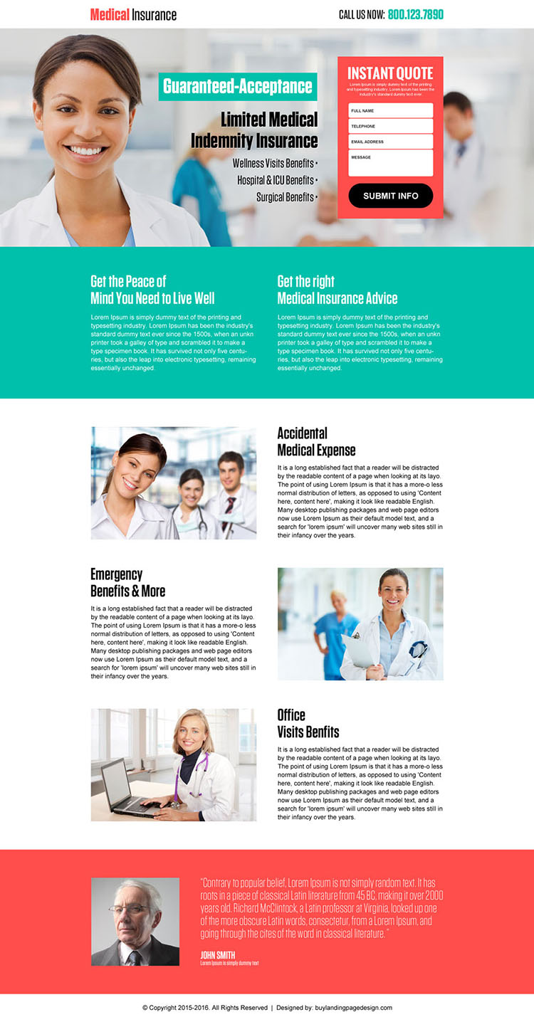 medical insurance instant quote landing page design