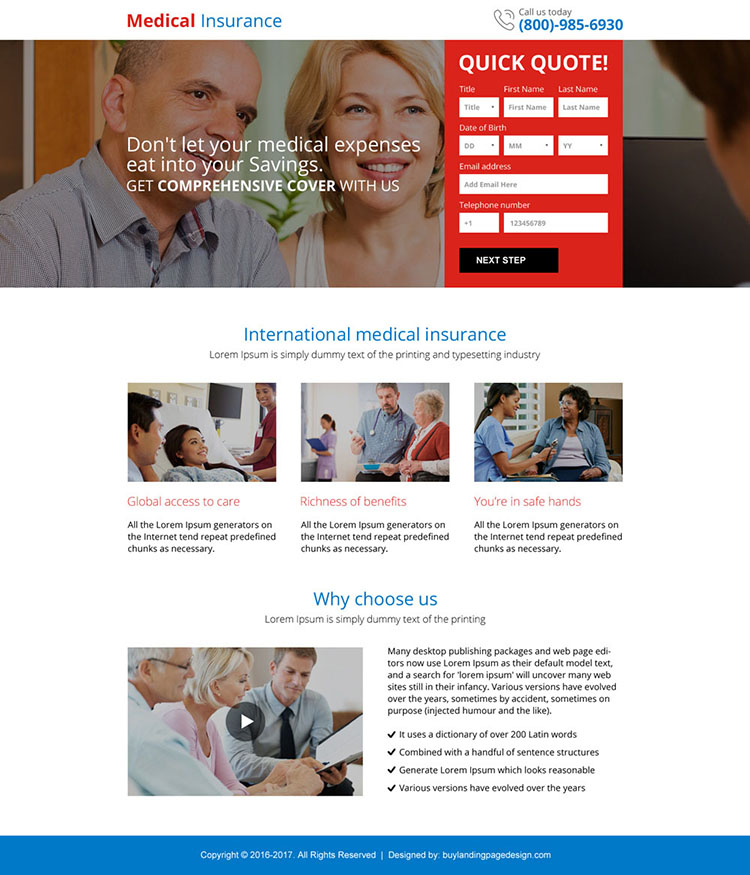 medical insurance quick quote mini landing page design