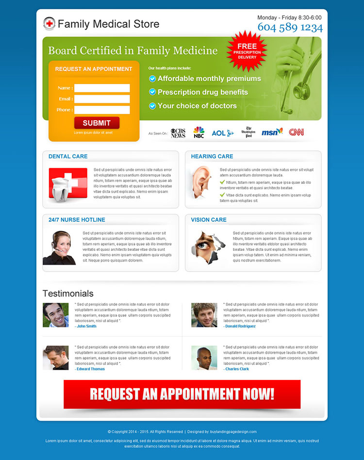 family medical store lead capture squeeze page design