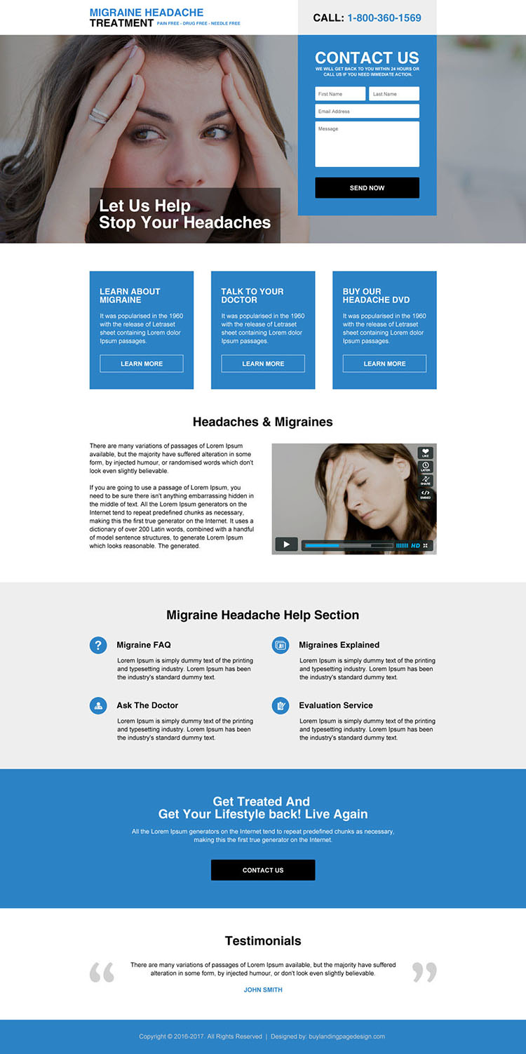 migraine headaches treatment landing page design