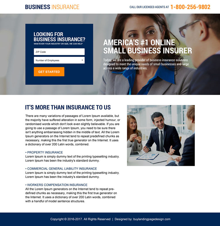 business insurance mini landing page design