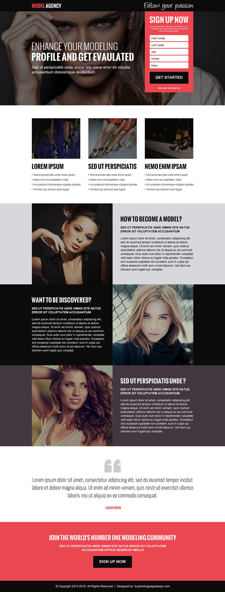 modelling agency sign up lead gen landing page design template