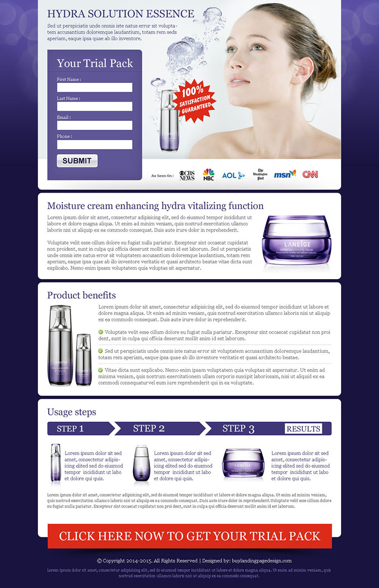 beauty product cream lead capture landing page design