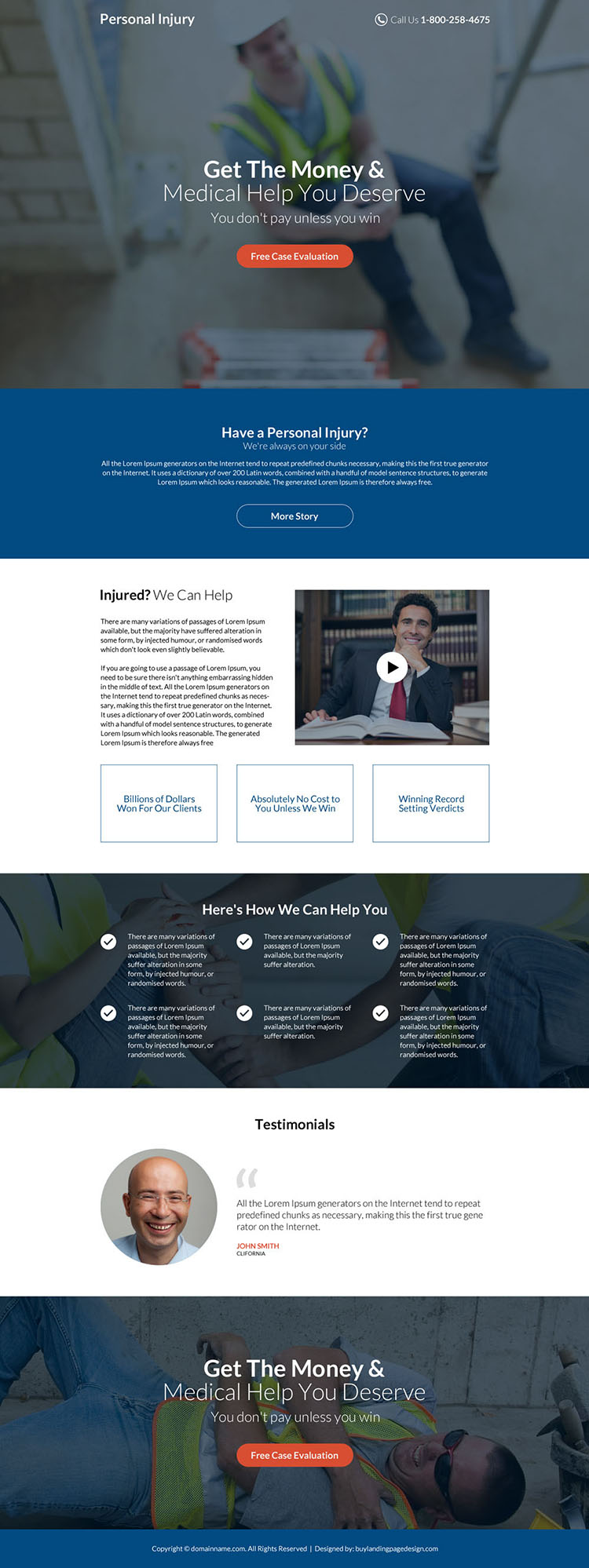 personal injury free case evaluation professional landing page design