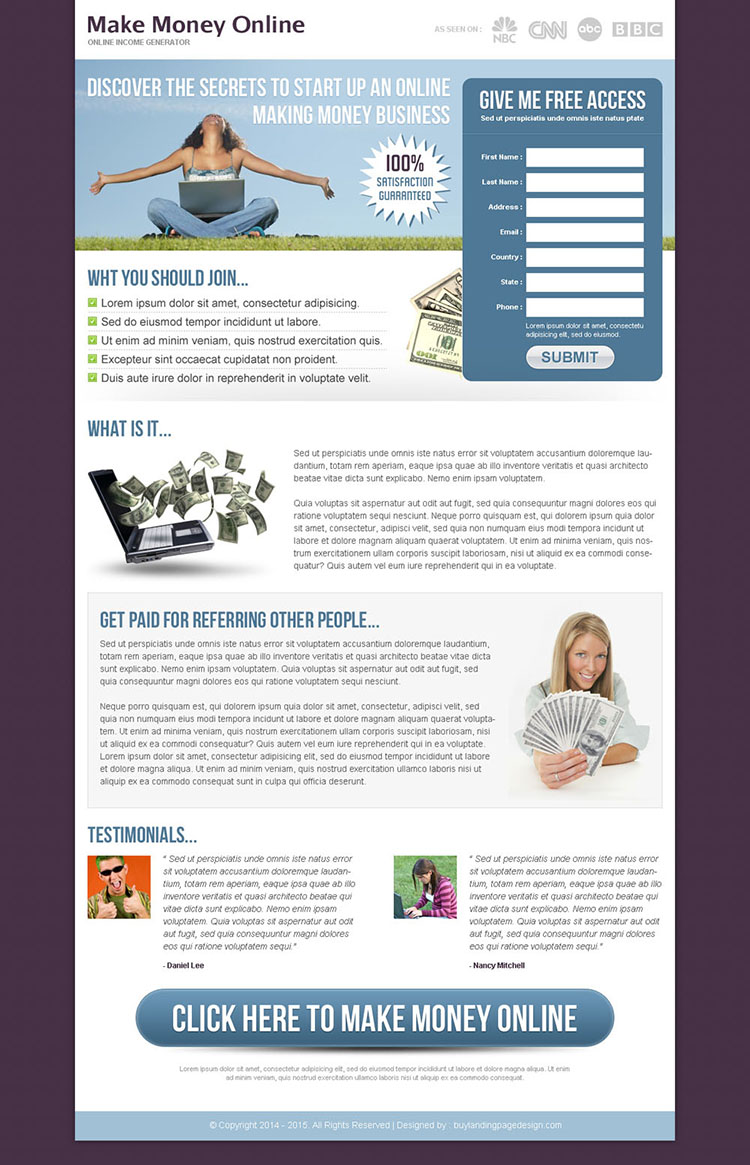 simple make money online start up lead capture design