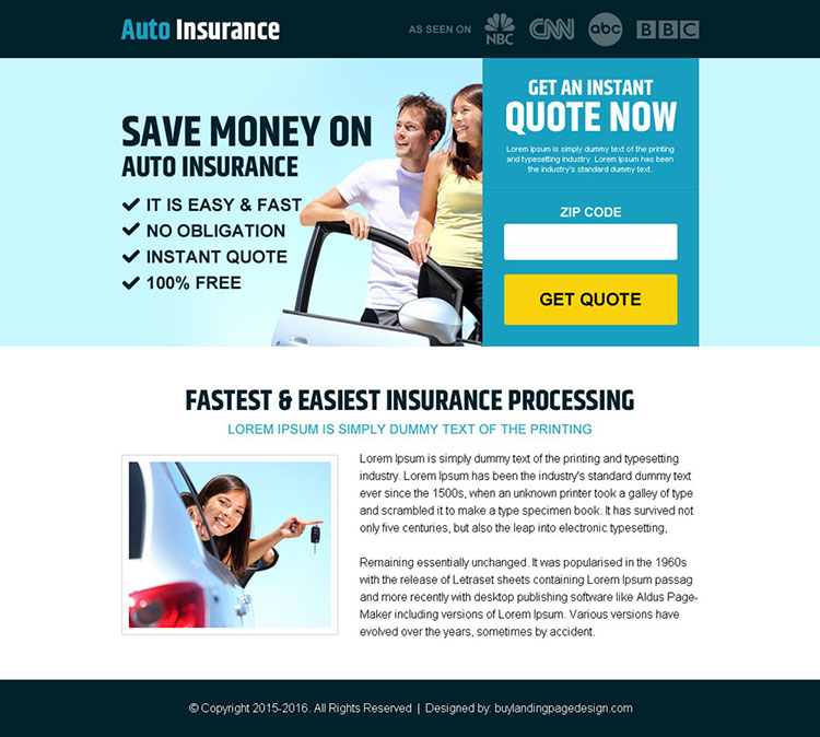 money saving auto insurance pay per view landing page design