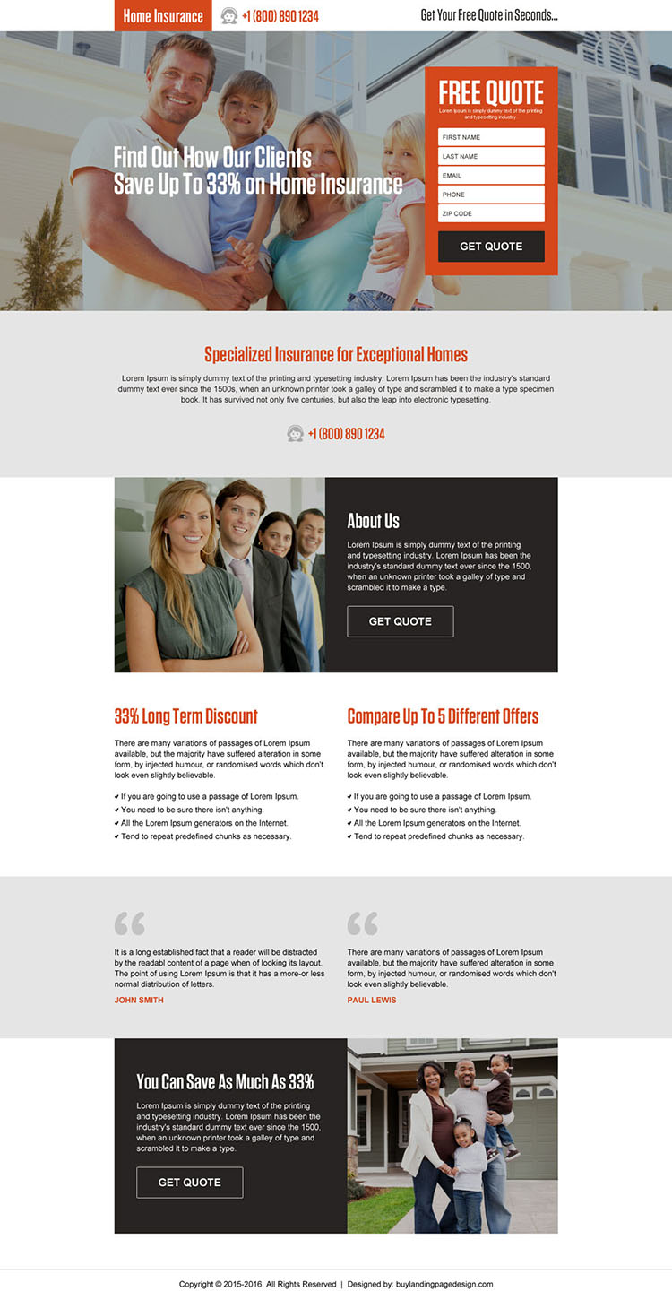 money saving home insurance quote landing page design
