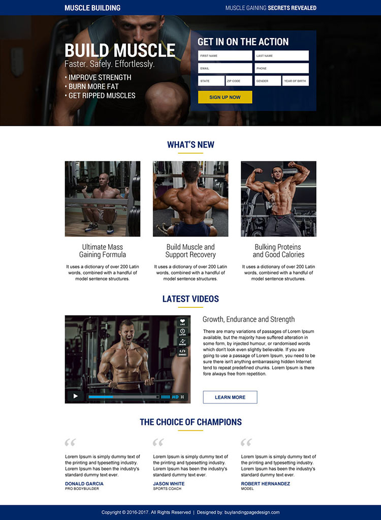 muscle building secrets sign up lead capturing responsive landing page design