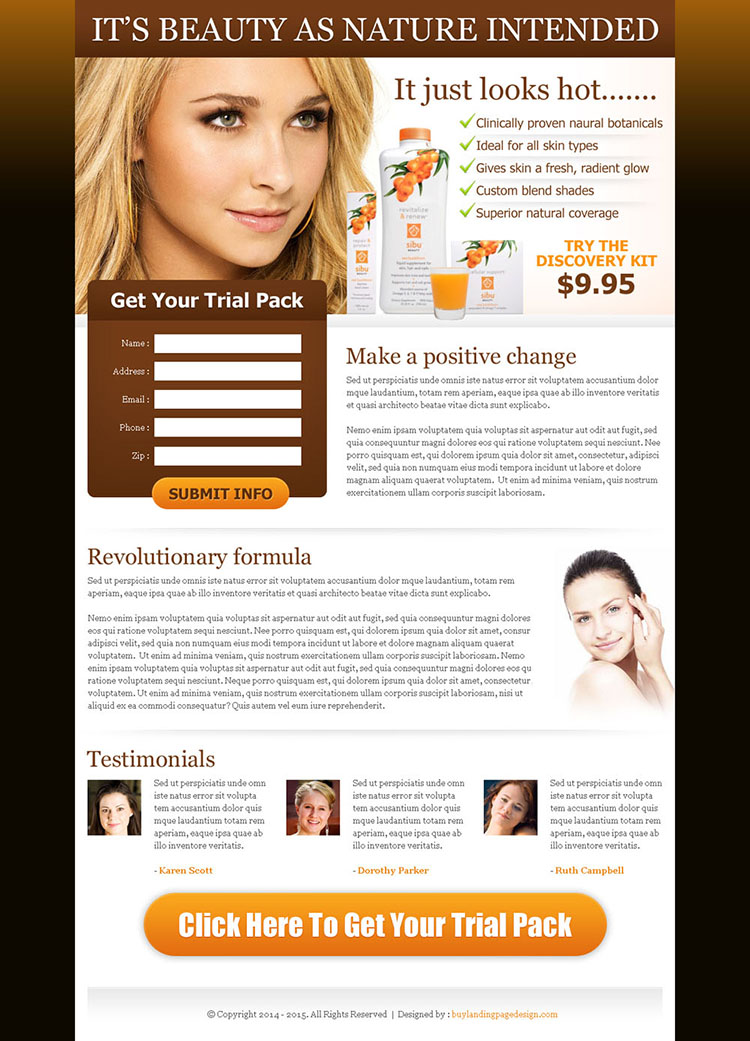 natural beauty product lead capture page design