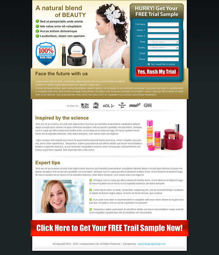 beauty product lead capturing form landing page