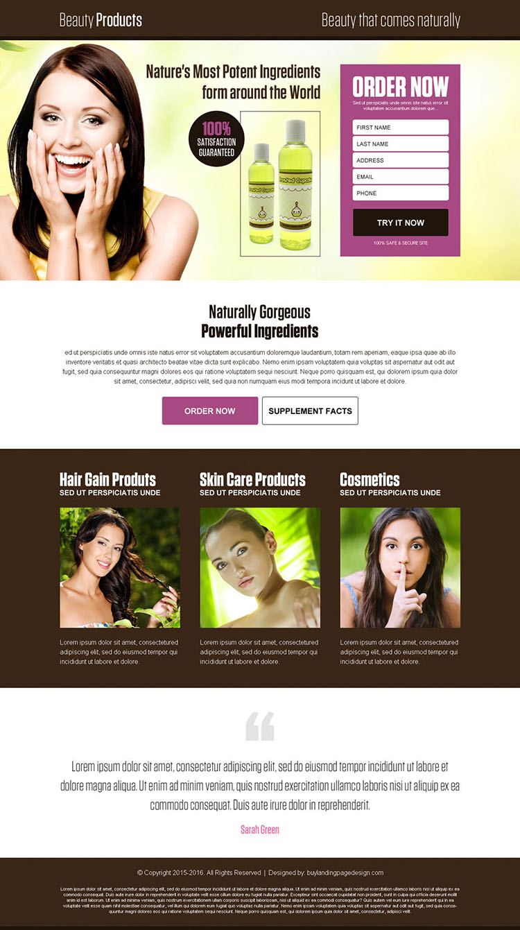 natural beauty product selling lead generating landing page