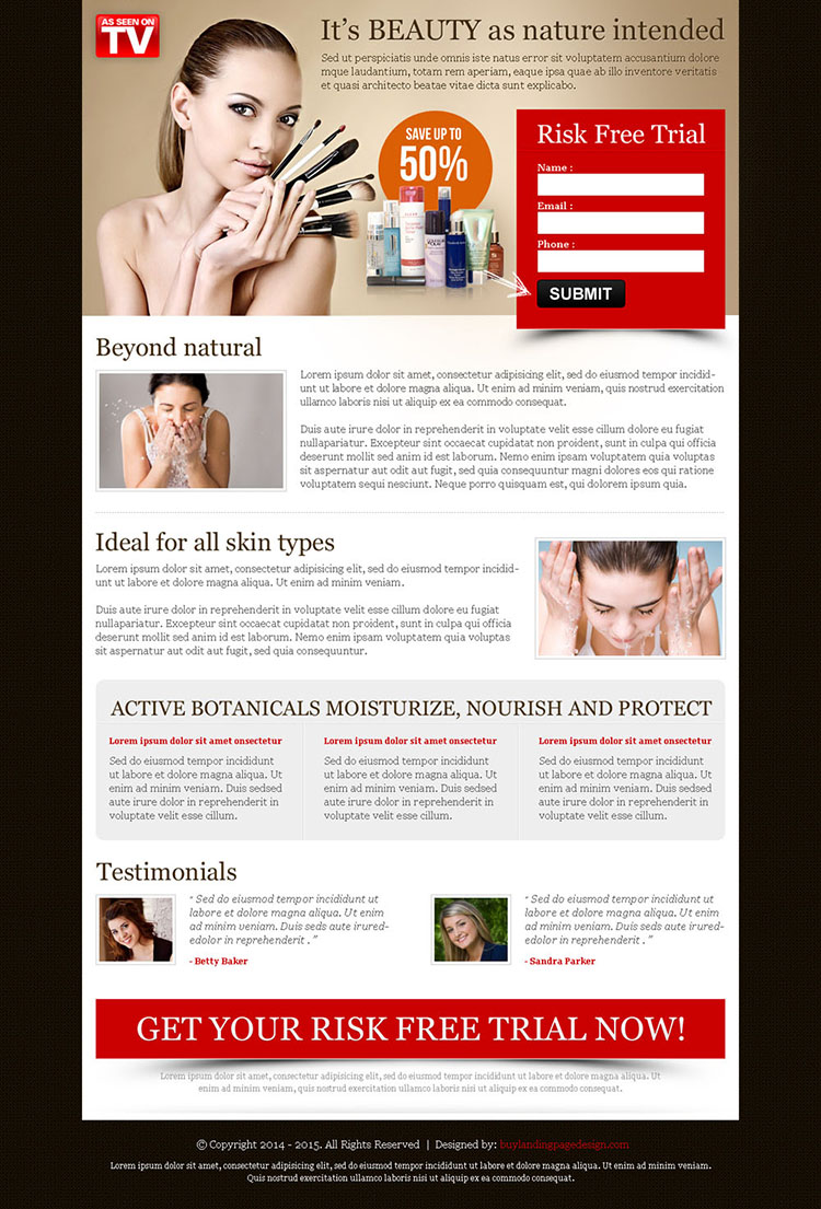 beauty product risk free trial effective and converting red small lead capture landing page