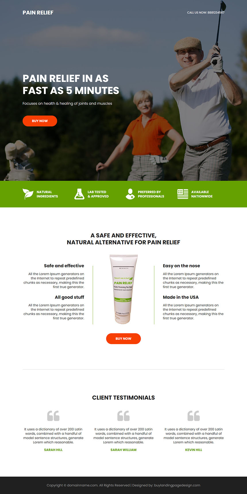 minimal pain relief product selling responsive landing page