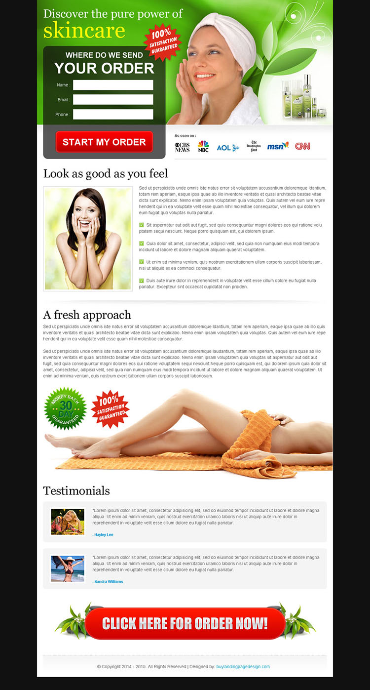 natural skin care product order now lead capture form landing page design