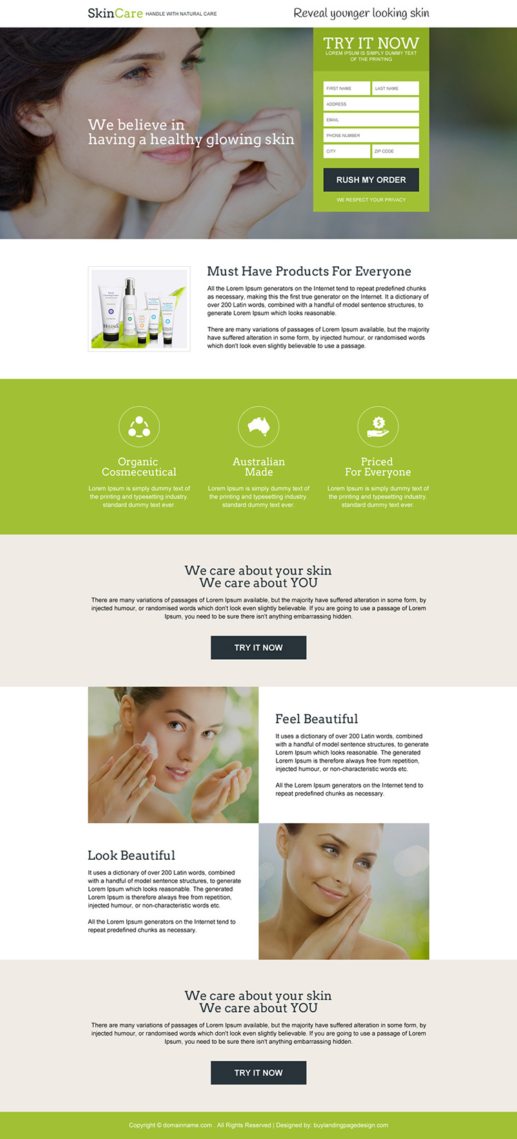 skin care product trial responsive landing page design