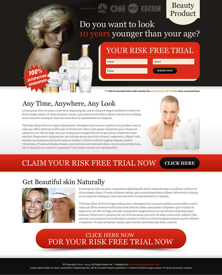 look 10 years younger than your age risk free trial lead capture squeeze page design