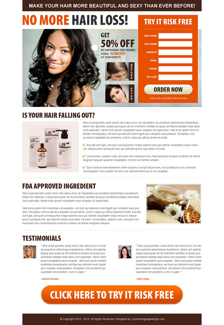 no more hair loss converting lead generating squeeze page design for your hair loss product
