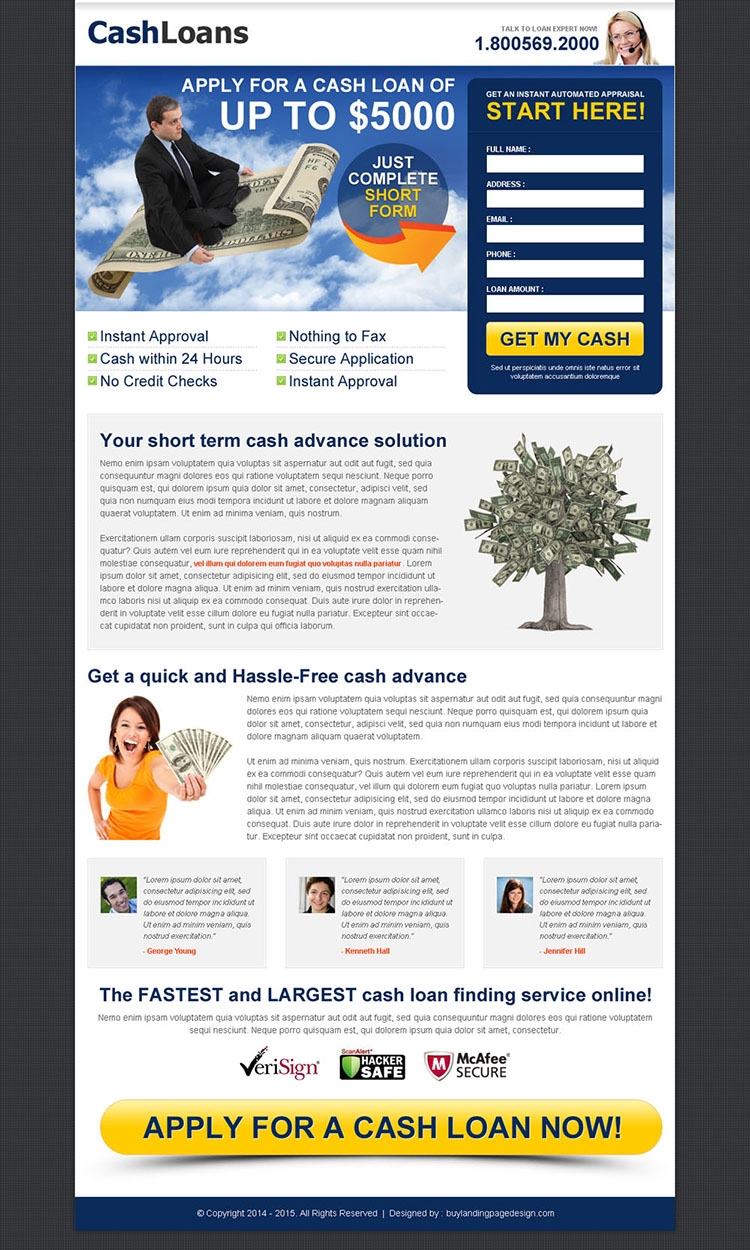 cash loan white and blue lead capture converting design