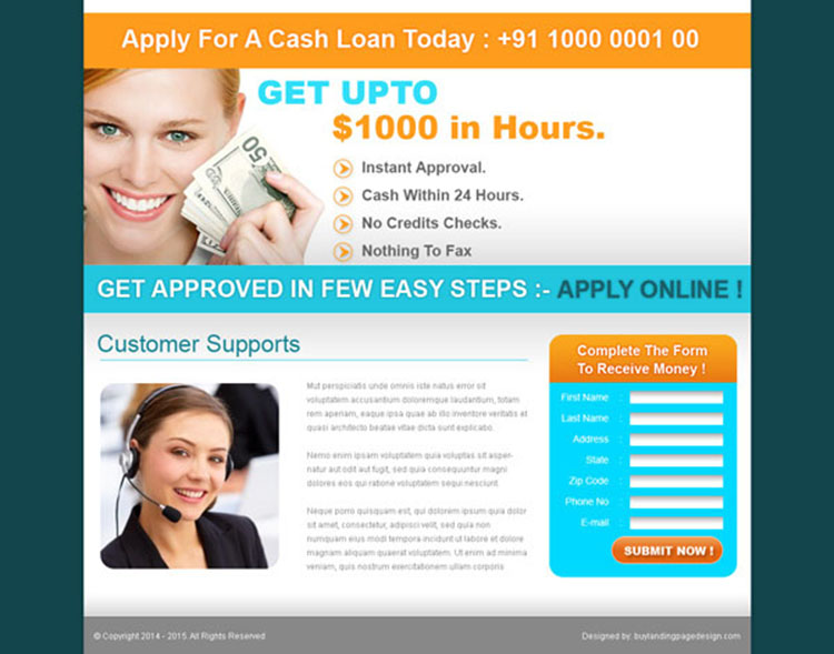 online cash loan lead capture landing page design for sale