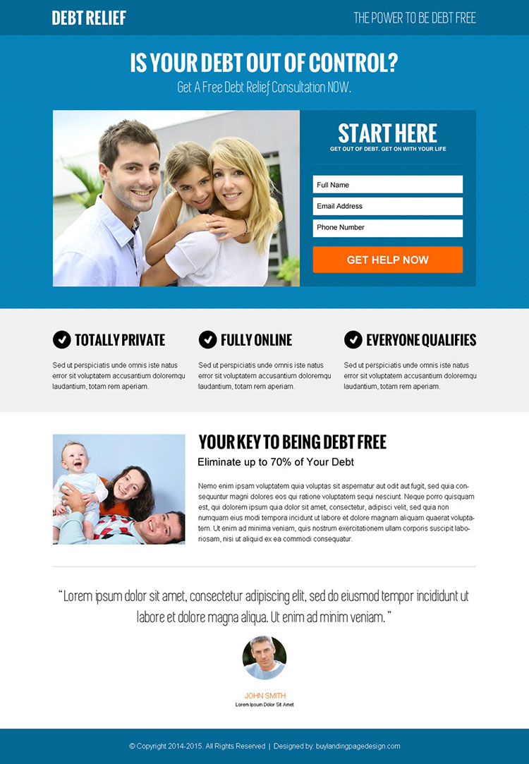 online debt solution lead gen responsive landing page design