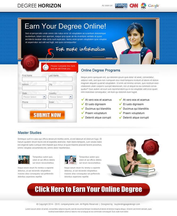 earn your degree online education lead capture page