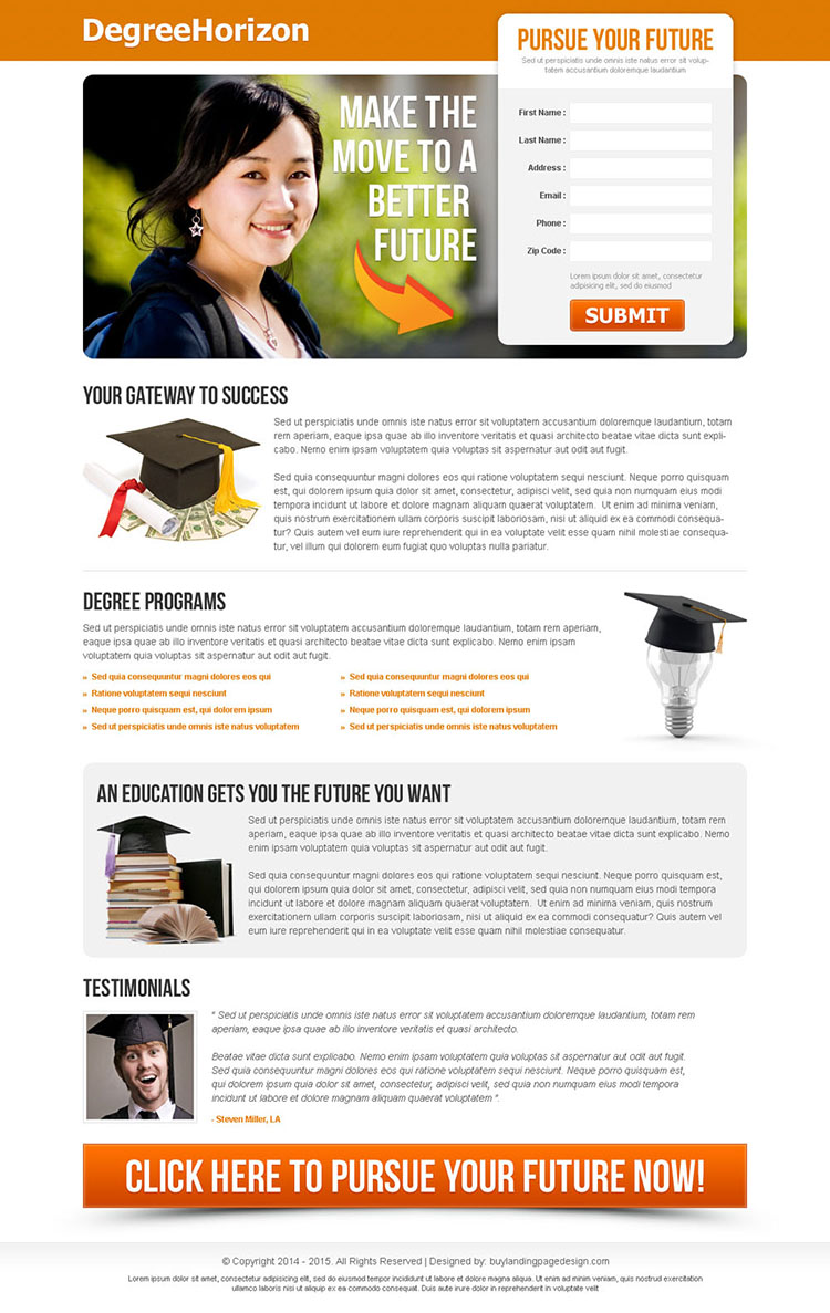 pursue your future clean and converting lead capture education landing page