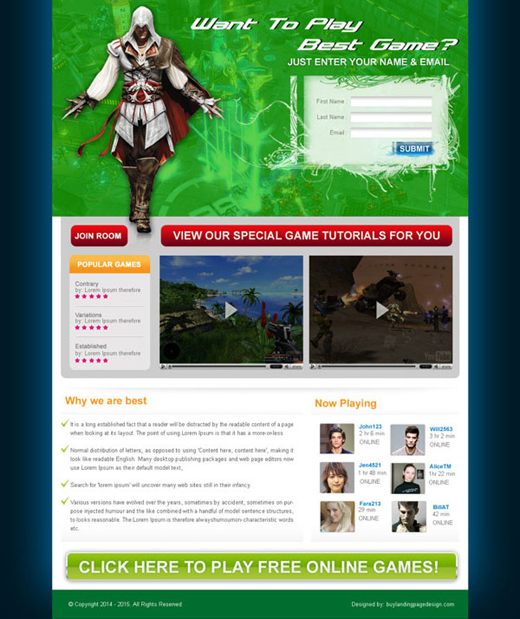 online game lead capture landing page design for sale