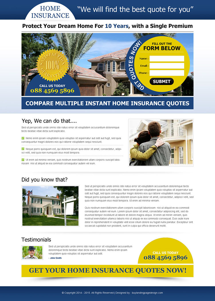 instant home insurance quote lead capture squeeze page design