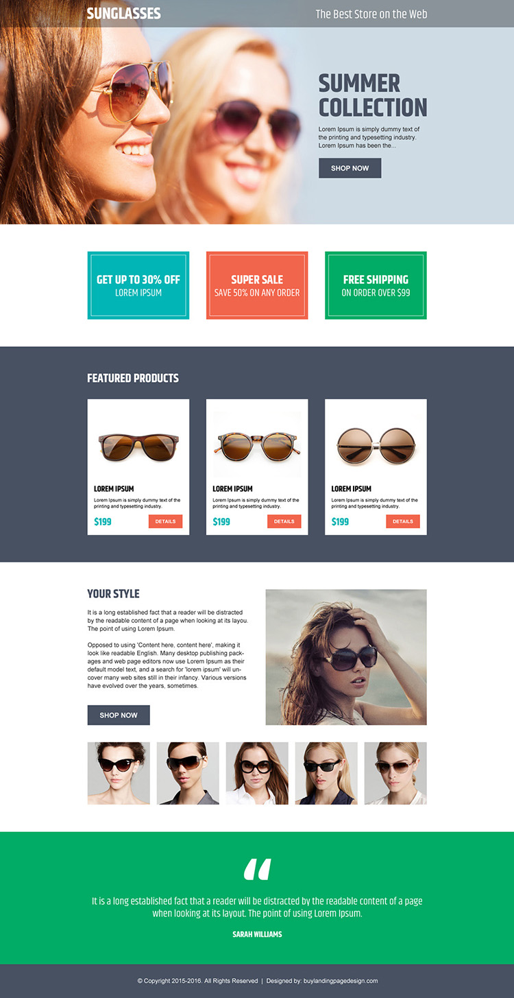 online store converting ecommerce landing page design for sunglasses