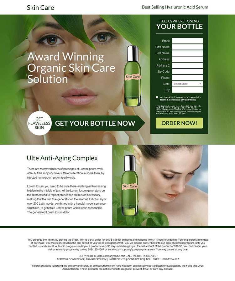 anti ageing skin care solution bank page design