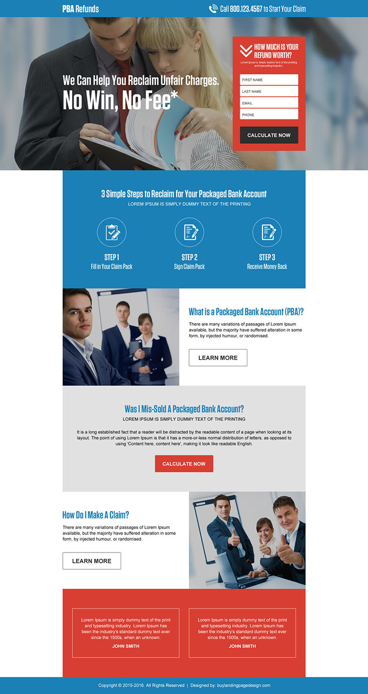 packaged bank account refunds landing page design