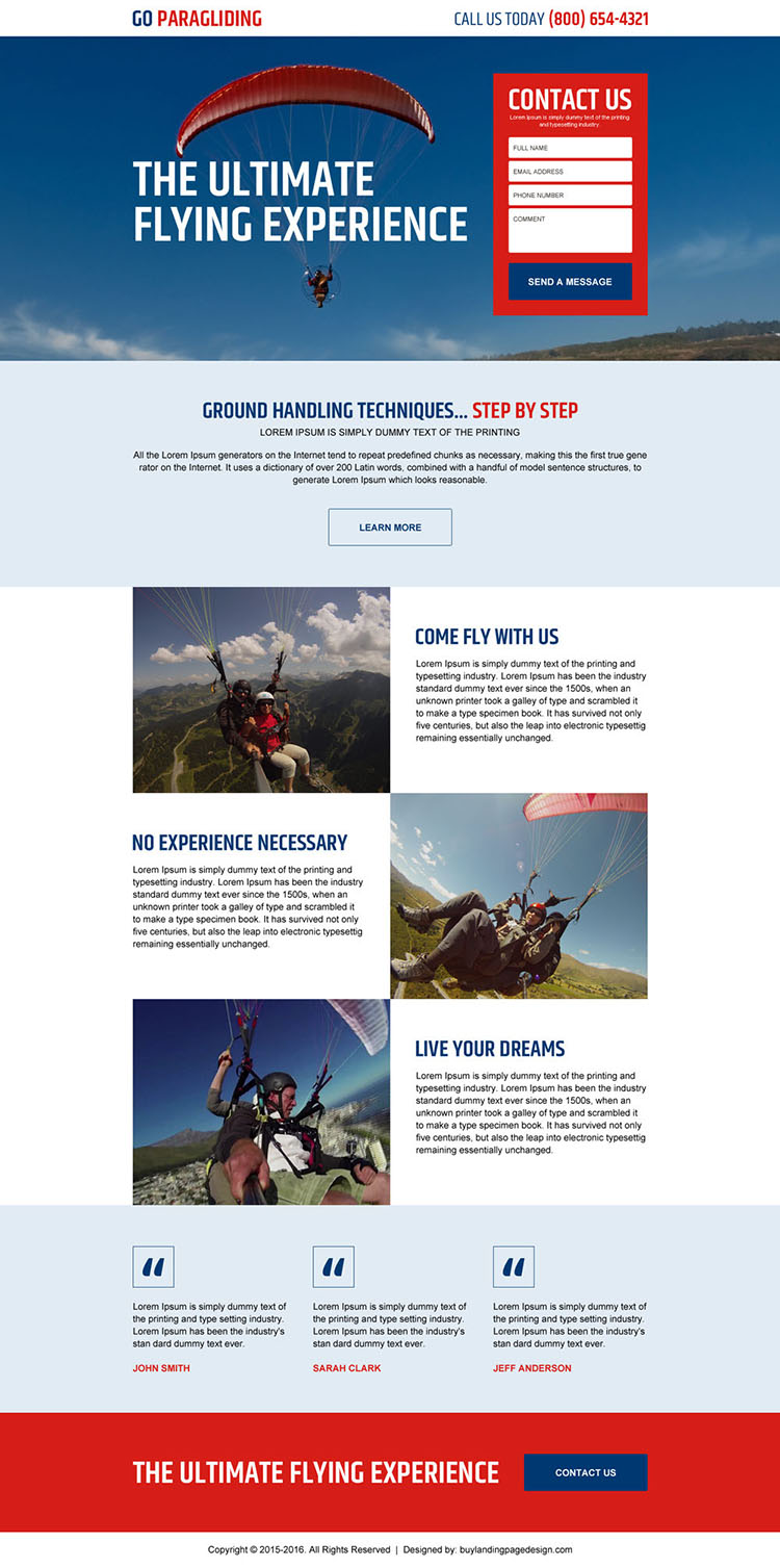 paragliding lead gen responsive landing page design